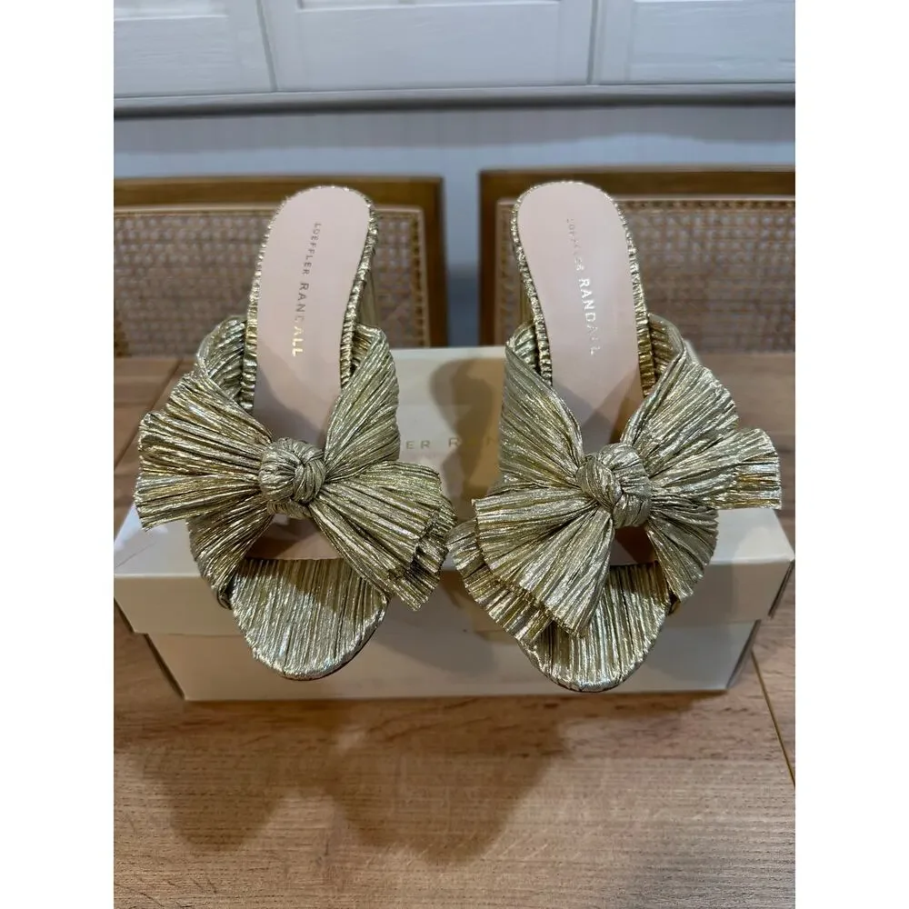 Loeffler Randall Penny Gold Pleated Bow Heel Size 6 NIB Glam Dressy Knotted Top